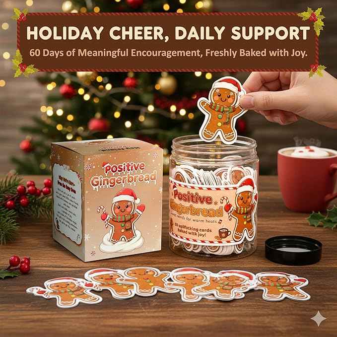Positive Gingerbread Christmas Jar with 60 Affirmation Cards, Emotional Support Gingerbread Holiday Gift, Cute Gingerbread Decor, Christmas Gingerbread Gifts for Women, Men, Teens, Teachers