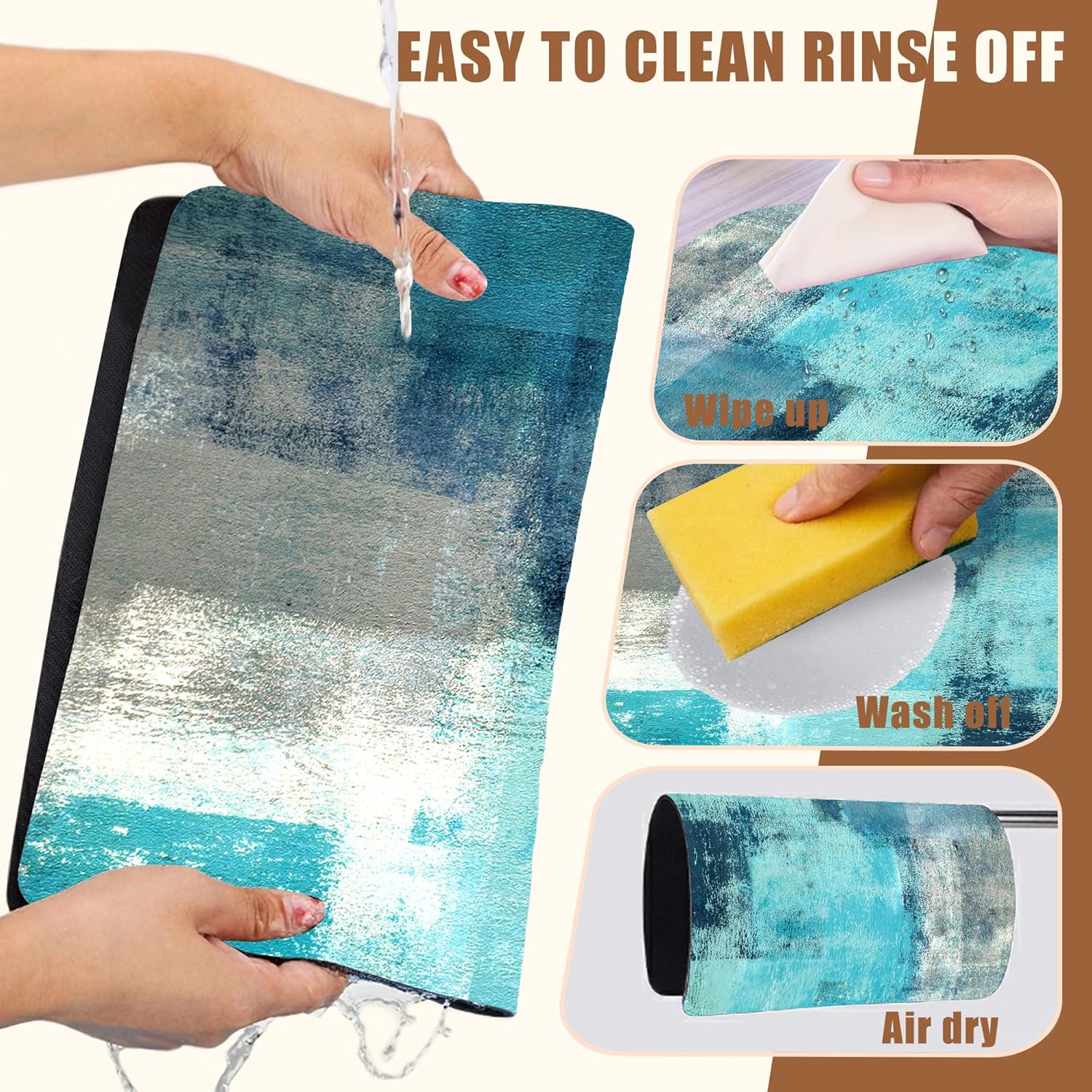 Teal and Grey Abstract Art Dish Drying Mat for Kitchen Counter Coffee Bar Mat Hide Stain Absorbent Rubber Backed Drying Rack Pad Espresso Machine Coffee Bar Accessories 11.8 x 19.7 Inch