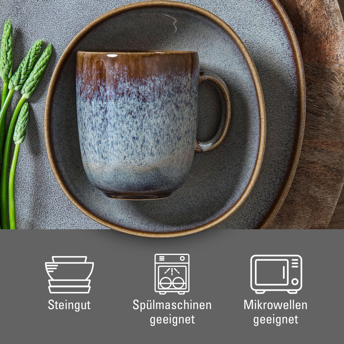 Side view of beige earthenware coffee mug