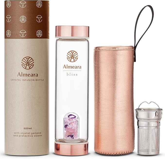 Almeara Crystal Water Bottle | Amethyst, Rose Quartz & Clear Quartz Crystals | Authentic Gemstones – Loose Leaf Tea infuser – Gem Elixir Infused Tempered Glass Water Bottle - Gift ready box - 16.9 oz