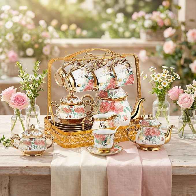 22 Pcs Vintage Porcelain Tea Set with Metal Stand, Ceramic Vintage Floral Tea Set for 6, European Style Teapot and Cups, Afternoon Service for Women Mom, Mothers Day Gift(White Rose Floral)