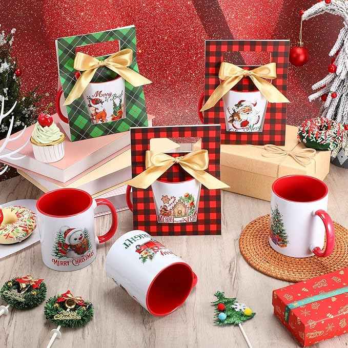 LemonRoad 12 Sets Christmas Coffee Mugs with Mug Boxes 12 oz Ceramic Merry Christmas Coffee Cups Xmas Cups with Gift Boxes Ribbon for Xmas Winter Holiday Housewarming Party Gift
