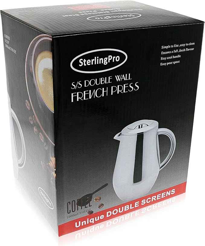 Stainless Steel French Press Coffee Maker Large 1 L (34 oz) with 2 Extra Filters Silver – Double Walled Insulated Coffee Press Keeps Drinks Hot, Easy to Use, Stylish Design for Rich Flavor
