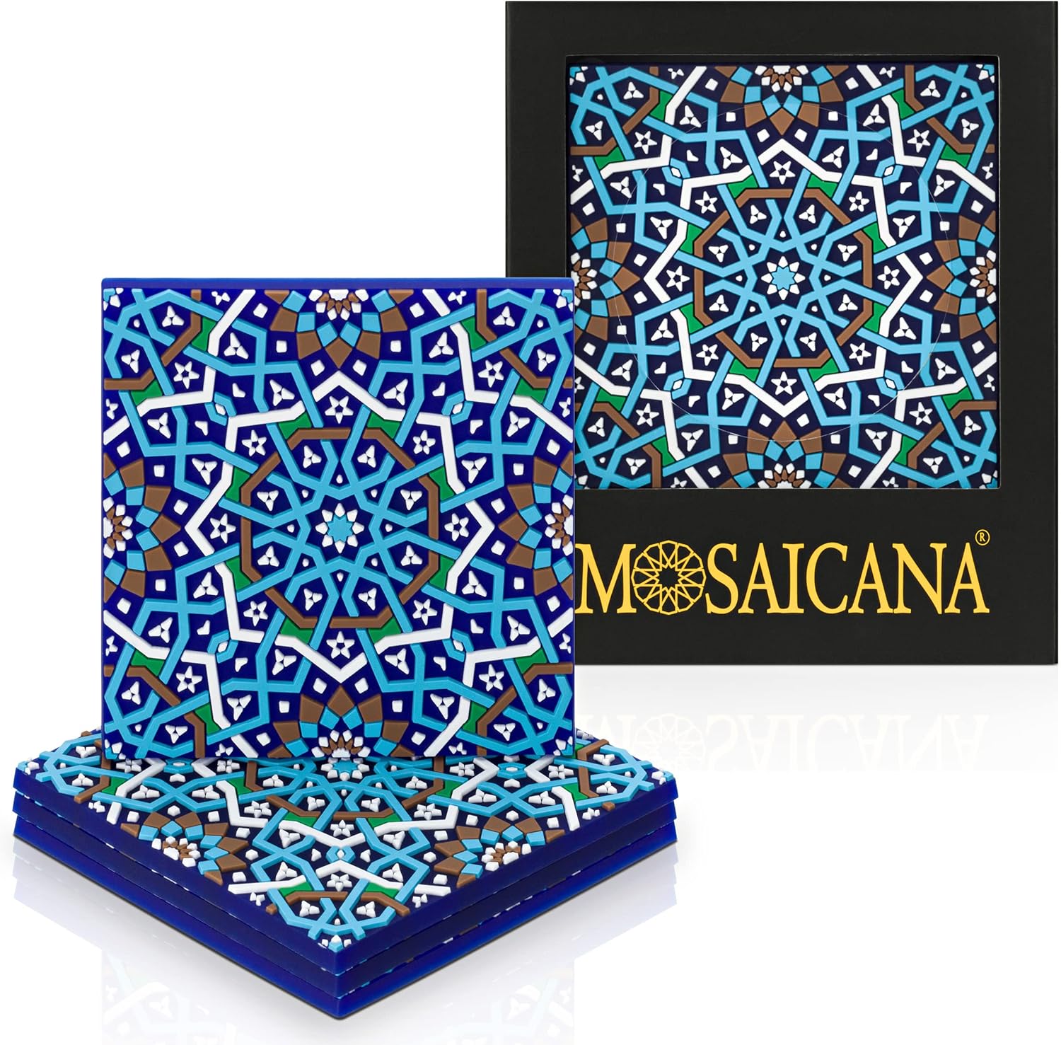 Set of 4 Silicone Coasters - Protect Against Water Marks or Damage - Fits All Cups, 3.5" Size, Blue Morocco