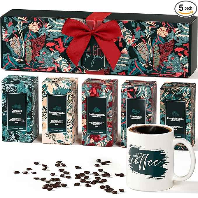 Coffee Gifts Set For Women & Men - Includes 5 Ground Coffee Flavors and Mug - Unique Christmas Gift Set for Women and Men