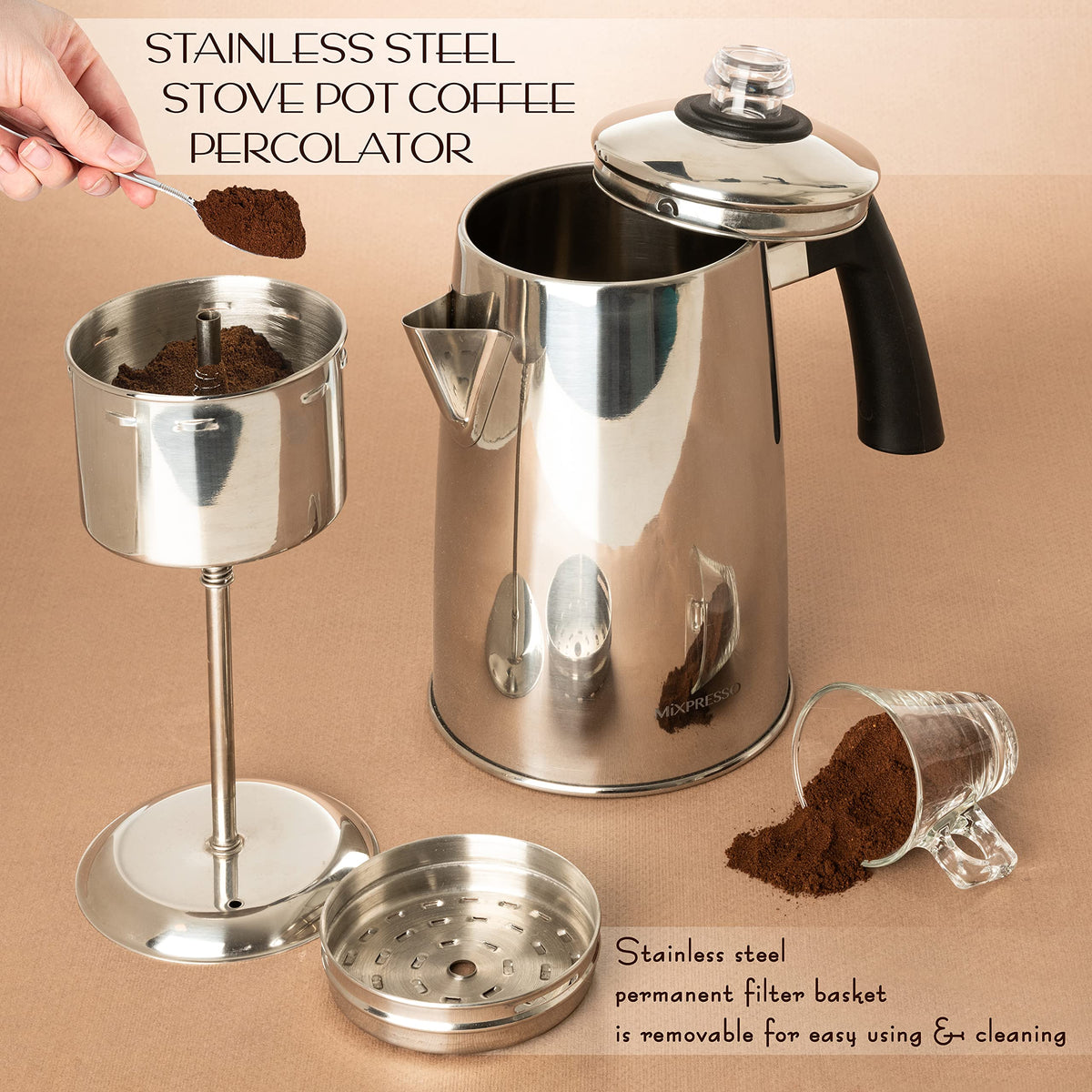 Percolator with cool-touch handle and pouring spout