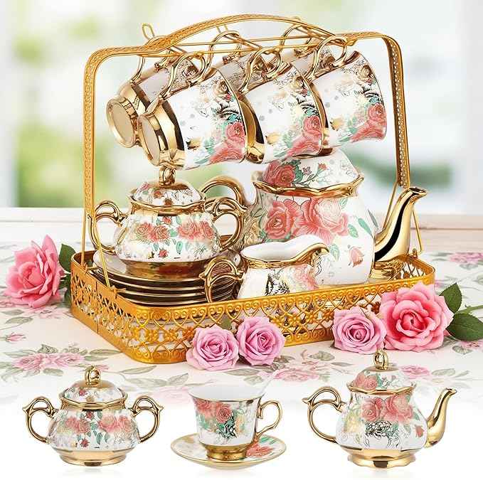 22 Pcs Vintage Porcelain Tea Set with Metal Stand, Ceramic Vintage Floral Tea Set for 6, European Style Teapot and Cups, Afternoon Service for Women Mom, Mothers Day Gift(White Rose Floral)