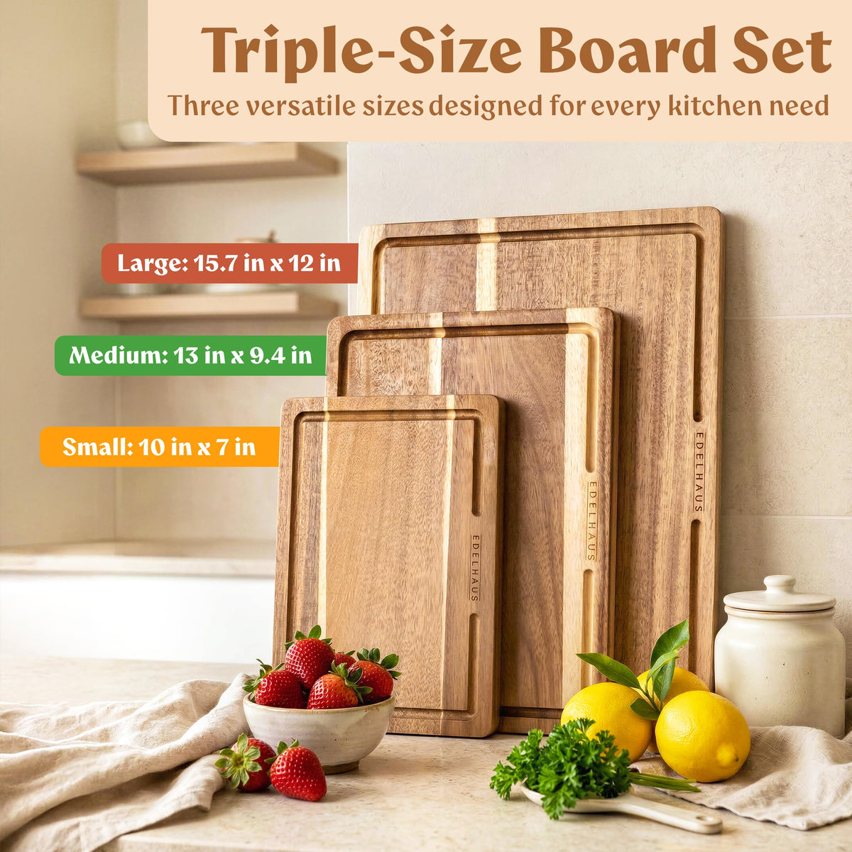Acacia Wood Cutting Boards for Kitchen Set of 3 (3 Count)