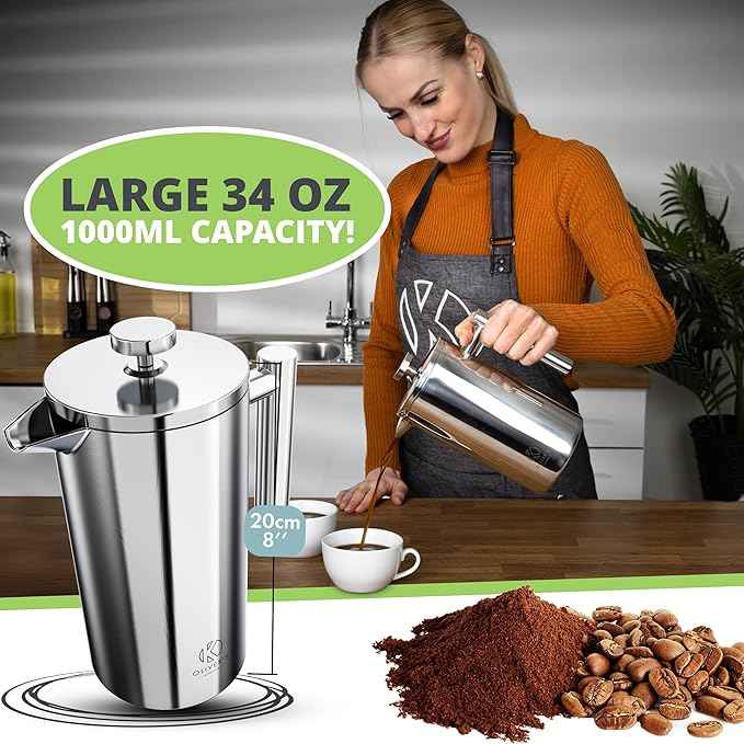 Oliver's Kitchen ® Premium French Press Cafetiere Coffee Maker - Thermal Insulated Double Wall - Stainless Steel 1 Liter