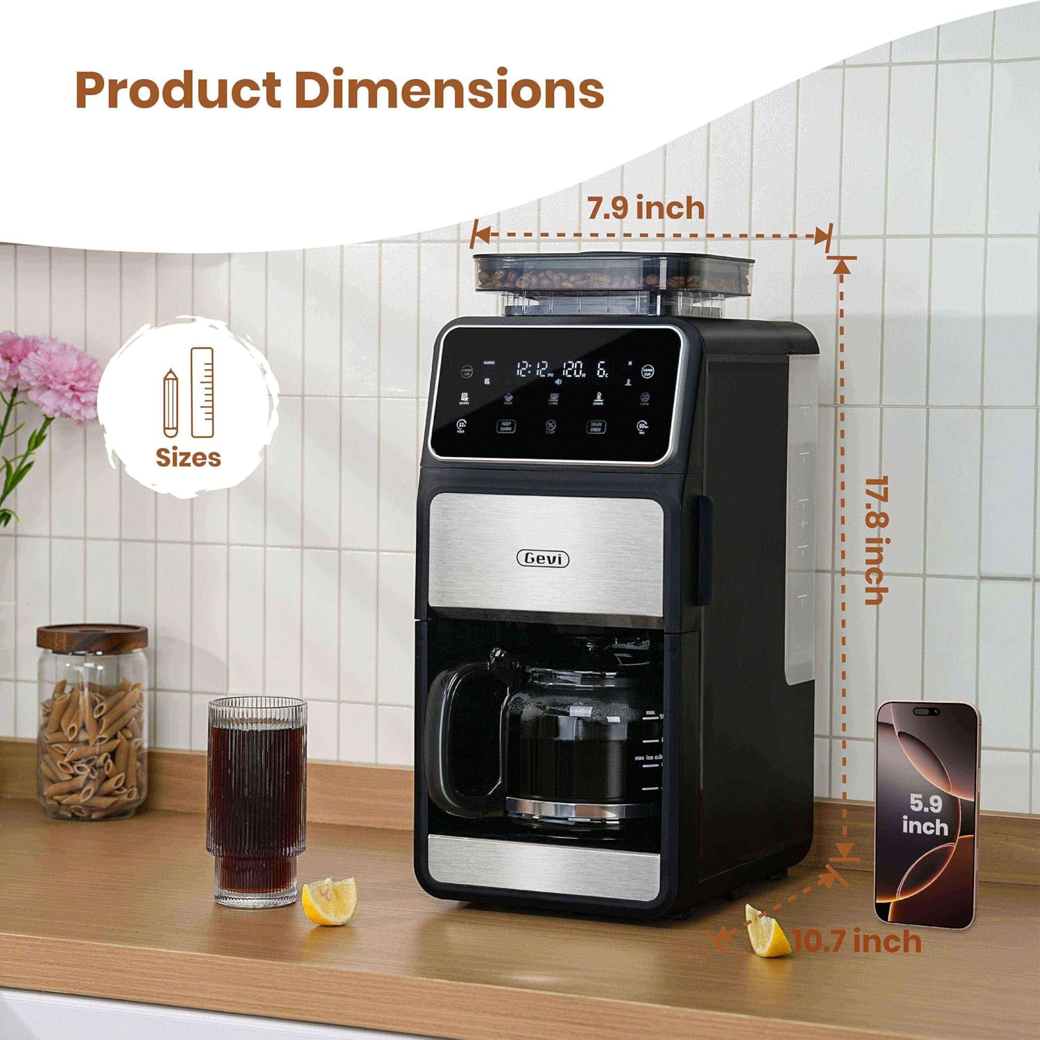Gevi 10-Cup Grind & Brew Coffee Maker with Built-in Burr Grinder – Programmable Touch Screen, 4-Hour Keep Warm, Permanent Filter, Drip Coffee Machine for Home & Office