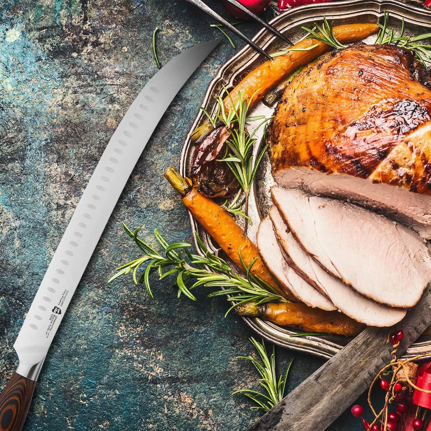 TUO Cimitar Butcher Knife - 14 Inch Butcher's Breaking Knife Long Meat Slicing Knives Pro Curved Slicer Carver - Forged German Steel with Full-Tang Pakkawood Handle - Fiery Series Gift Box Included