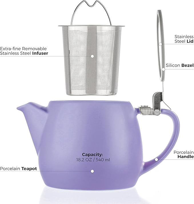 Tealyra - Pluto Porcelain Small Teapot Violet - 18.2-ounce (1-2 cups) - Matte Finish - Stainless Steel Lid and Extra-Fine Infuser To Brew Loose Leaf Tea - 540ml