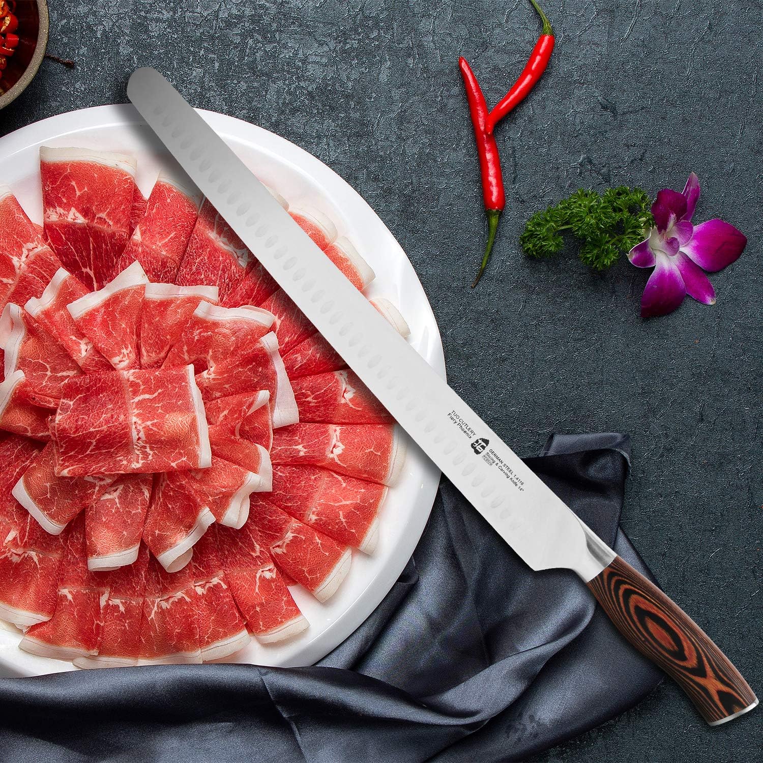 TUO Slicing Knife 14 inch - Long Carving Knives Professional Granton Slicer Hollow Ground Carver for Meat & Vegetable - German HC Steel & Ergonomic Pakkawood Handle - Gift Box Included - Fiery Series