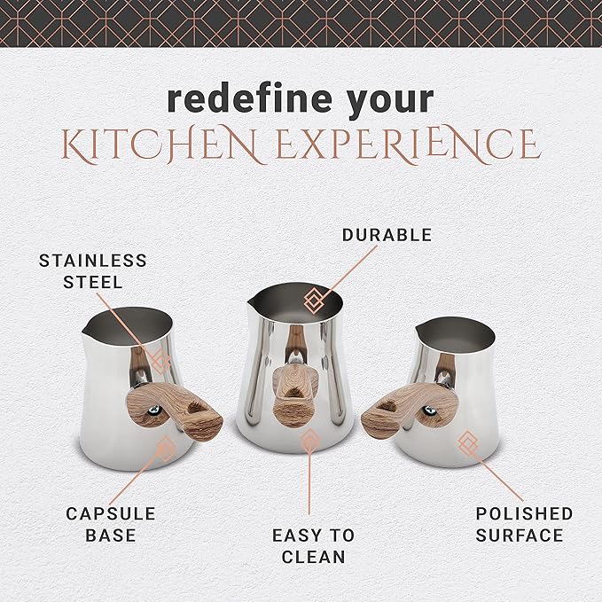 Serenk Turkish Coffee Pot Cezve, Milk Warmer, Ibrik Briki Greek Arabic Coffee Pot, Set of 3, Stovetop Coffee Maker, Turkish Cezve Traditional made of Stainless Steel, Rust Free w/Hanging Base