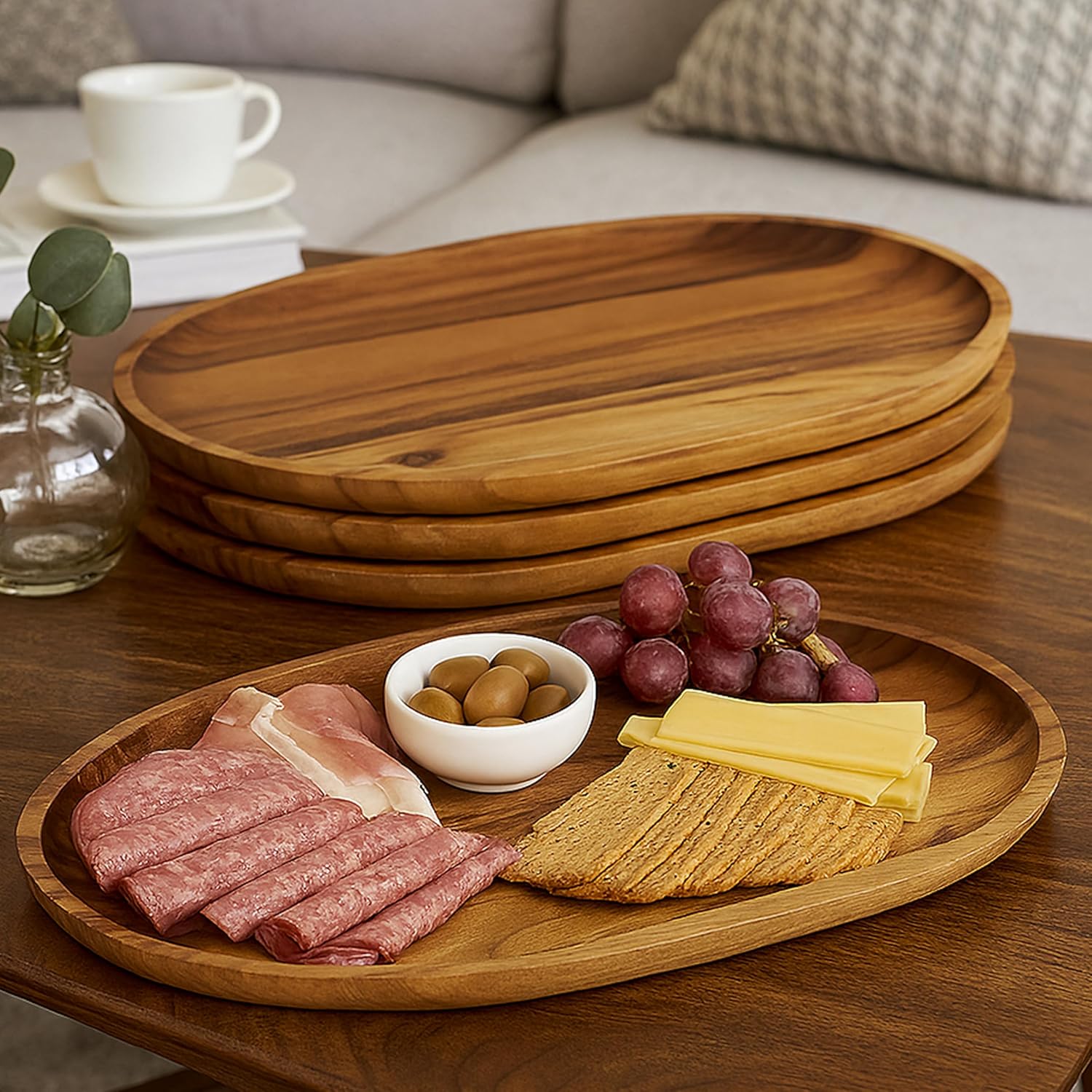 Woodard & Charles Acaica Wood Large Oval Serving Tray, Set of 4, 10" W x 15" L