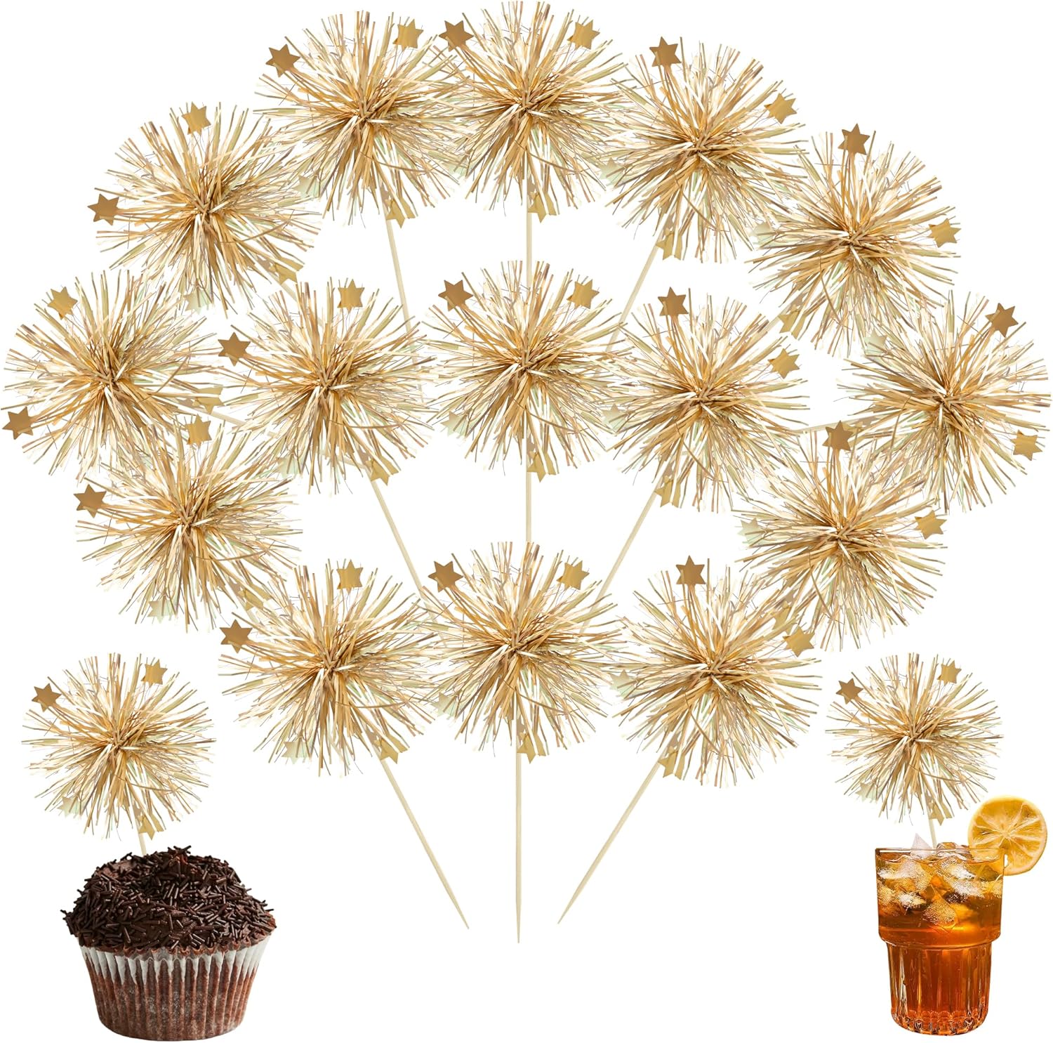 Ephlyn 30Pcs Foil Firework Cupcake Toppers Party Birthday Cake Toppers Supplies Sparkle Tinsel Cocktail Fruit Toothpick for Birthday Wedding Graduation Party Supplies Gold