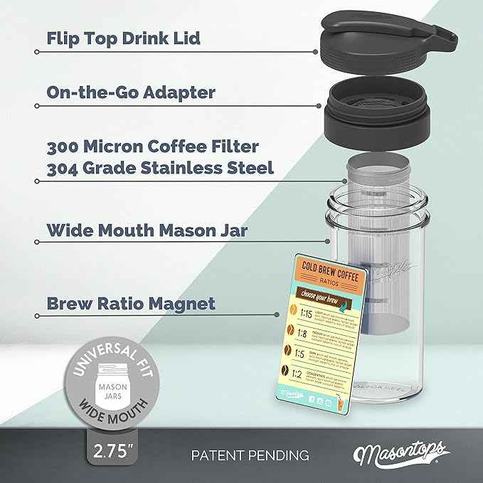 Masontops Cold Brew Makers Kit - Deluxe Iced Coffee Maker with Glass Pitcher & Stainless Steel Mesh Filter - Easy Pour Fridge Cold Brewer System