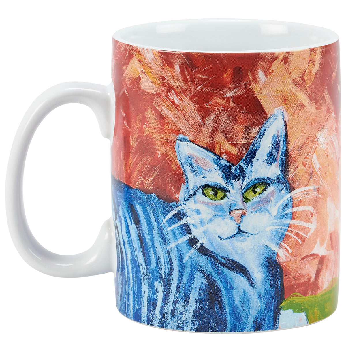Stoneware cat mug showing the double-sided artwork