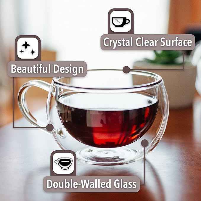 BTaT- Double Walled Espresso Cups, 6 oz, Set of 4, Clear Coffee Mugs, Double Wall Insulated Espresso Cups, Small Coffee Mugs for Tea, Lattes, Macchiatos, Hot & Cold Beverages, Microwave Safe