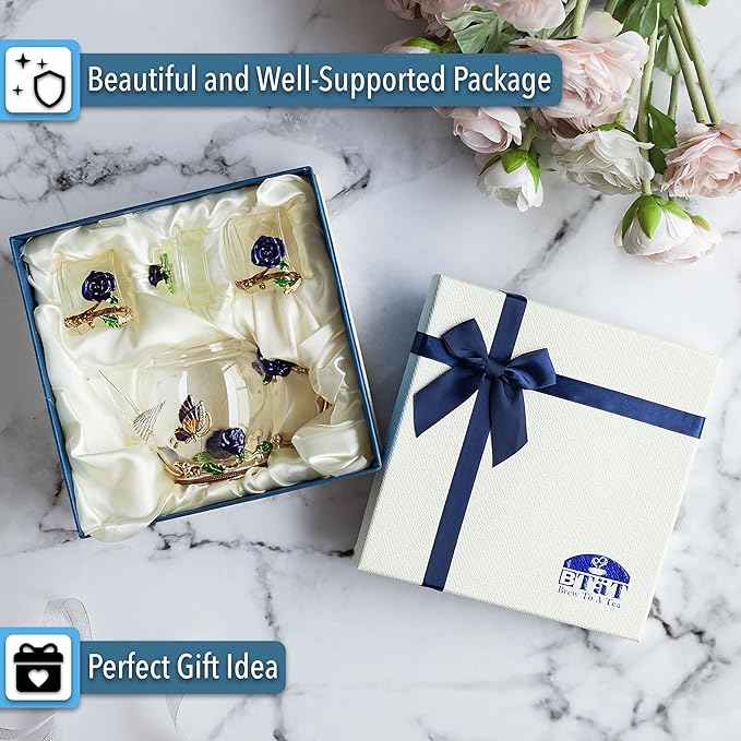 BTaT- Floral Glass Tea Set for Adults, Service for 2, Fancy Glass Pot(8 oz) & Cups(2 oz), Blue Butterfly & Flower Design with Gift Box, Tea Pot Sets for Women Gift, Chrisrmas Gifts