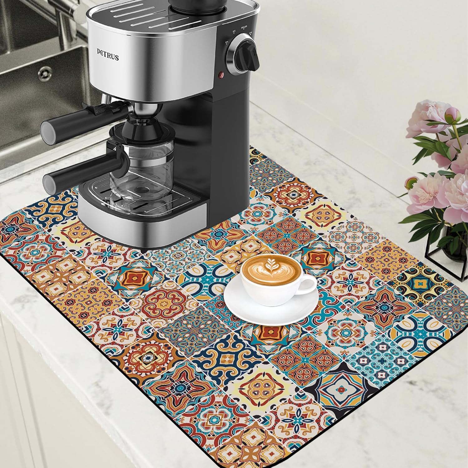 Dish Drying Mat Multicolor Portuguese Tiles Coffee Bar Mat for Countertop Absorbent Rubber Backed Hide Stain Dish Drainer Rack Pad Coffee Maker Espresso Machine Dining Room Decor 15.7 x 23.6 Inch