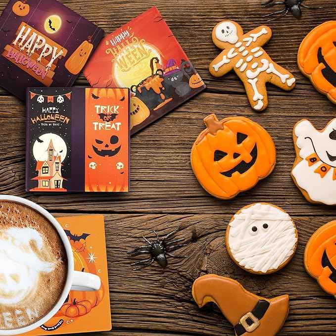 Halloween Coasters Absorbent Ceramic Coaster for Drinks with Black Holder and Cork Base Set of 4, Square Decorative Coffee Table Decor for House Warming Gifts New Home