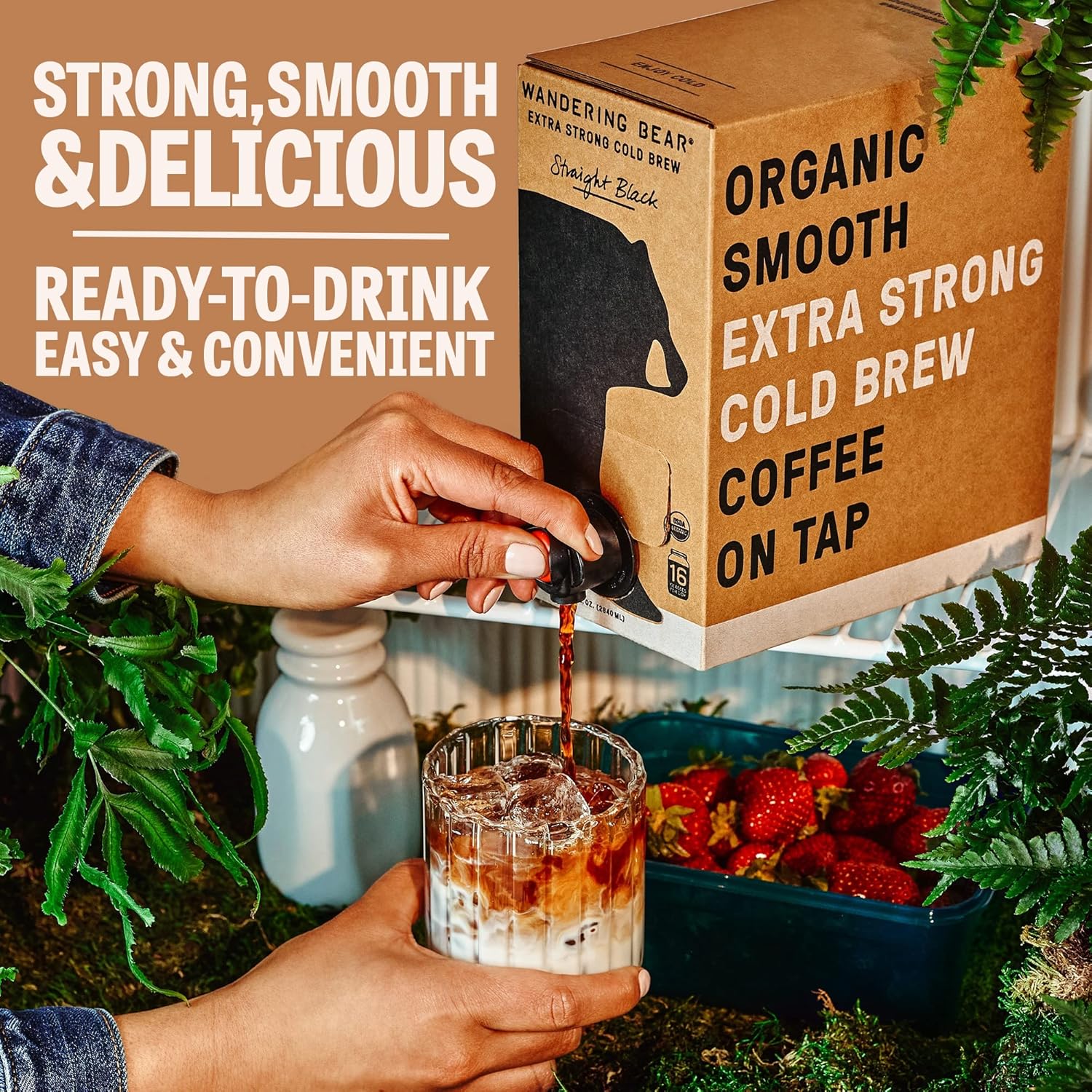Wandering Bear Decaf Cold Brew Coffee On Tap, 96 fl oz - Bold, Smooth, Unsweetened, Shelf-Stable, Ready to Drink, Iced Cold Brewed Coffee Drinks - Gluten Free & Vegan Decaf