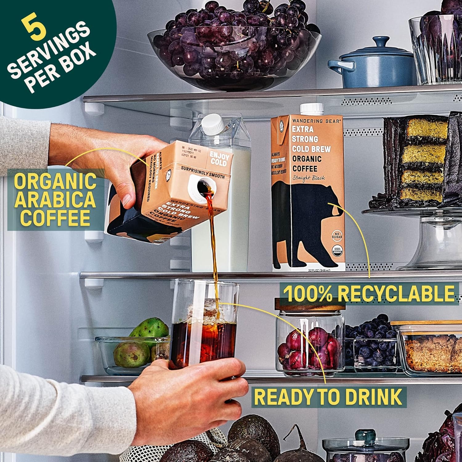 Wandering Bear Organic Cold Brew Coffee, Variety Pack, 32 fl oz (3pk - Black, Mocha, Vanilla) - Extra Strong, Bold, Smooth, Unsweetened, Shelf-Stable, Ready to Drink, Iced Cold Brewed Coffee Drinks
