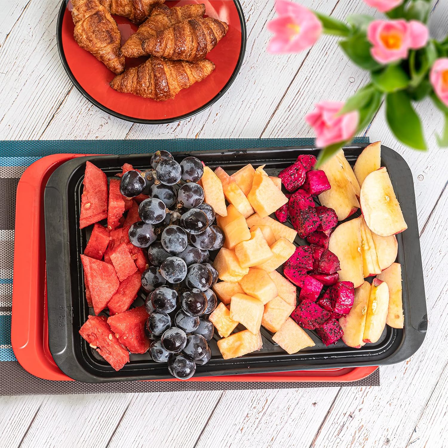 TP Grilling Prep and Serve Trays, 17" BBQ Tray for Meat Marinating and Food Plating, Melamine Serving Platters Set of 2 Grilling Accessories, Black and Red