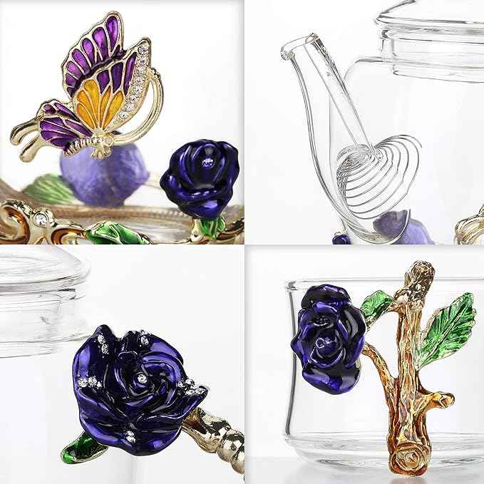 BTaT- Floral Glass Tea Set for Adults, Service for 2, Fancy Glass Pot(8 oz) & Cups(2 oz), Blue Butterfly & Flower Design with Gift Box, Tea Pot Sets for Women Gift, Chrisrmas Gifts