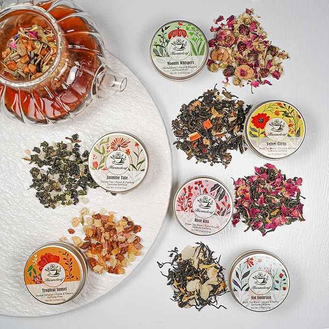 Harmoleaf Tea Gift Set for Women - 6 Herbal Loose Leaf Tea Blends, Insulated Ceramic Cup with Infuser & Lid | Birthday, Mother's Day, Anniversary & Retirement Gift for Her