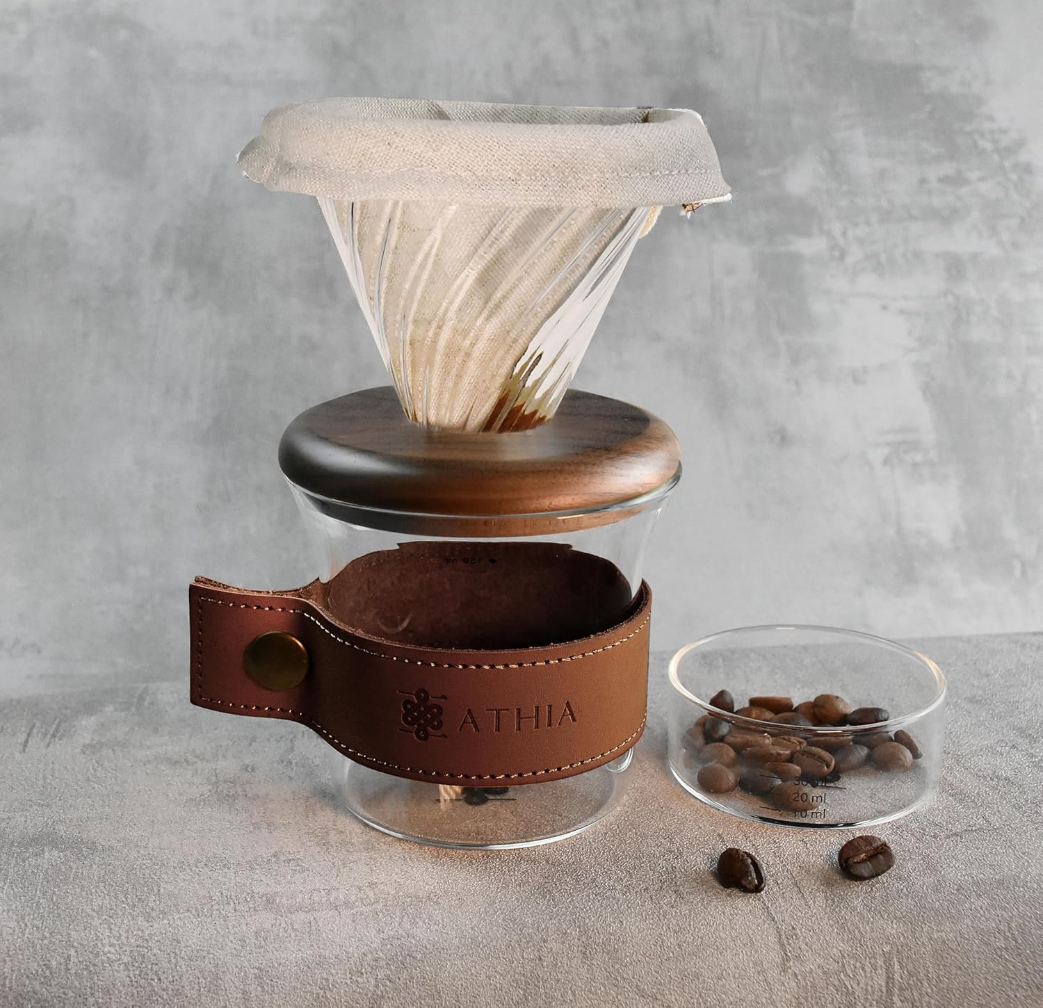 ATHIA glass pour over coffee maker set, minimalist drip coffee maker with reusable cloth filter, glass coffee dripper, walnut lid & leather sleeve for single cup manual brewing (Walnut Wood)