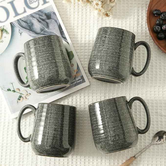 HASENSE Ceramic Coffee Mugs - 15 OZ Large Coffee Cups Set of 4 with Handle for Hot Beverage, Porcelain Latte Mugs for Tea, Milk, Cocoa, Cappuccino and Mocha, Microwave and Dishwasher Safe, Grey