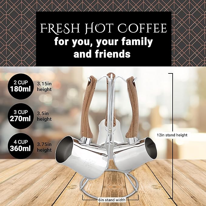 Serenk Turkish Coffee Pot Cezve, Milk Warmer, Ibrik Briki Greek Arabic Coffee Pot, Set of 3, Stovetop Coffee Maker, Turkish Cezve Traditional made of Stainless Steel, Rust Free w/Hanging Base