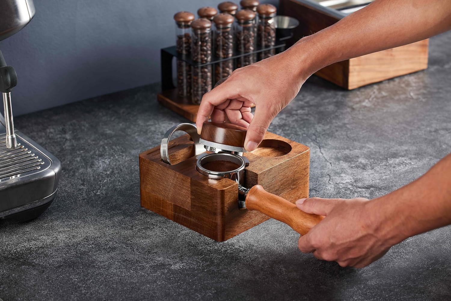 54mm distributor called Adjustable Depth espresso leveler Compatible with Breville Machine Accessories The coffee leveler Made of Stainless Steel and Walnut wood