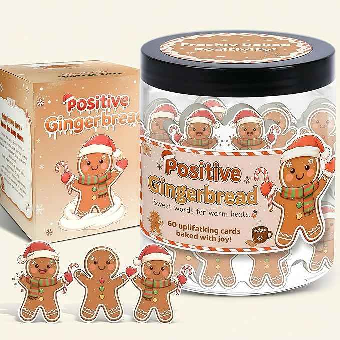 Positive Gingerbread Christmas Jar with 60 Affirmation Cards, Emotional Support Gingerbread Holiday Gift, Cute Gingerbread Decor, Christmas Gingerbread Gifts for Women, Men, Teens, Teachers