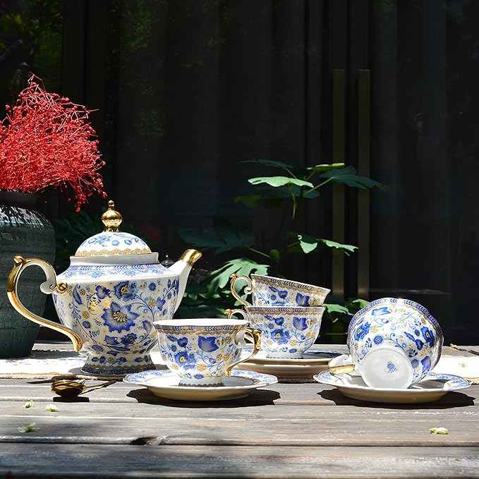 ACMLIFE Bone China Tea Set for Adults, Blue and White Tea Set for 4, Porcelain Vintage Floral China Tea Sets for Women Gift with Teapot (Blue and White)