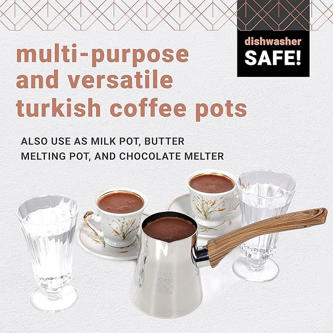 Serenk Turkish Coffee Pot Cezve, Milk Warmer, Ibrik Briki Greek Arabic Coffee Pot, Set of 3, Stovetop Coffee Maker, Turkish Cezve Traditional made of Stainless Steel, Rust Free w/Hanging Base