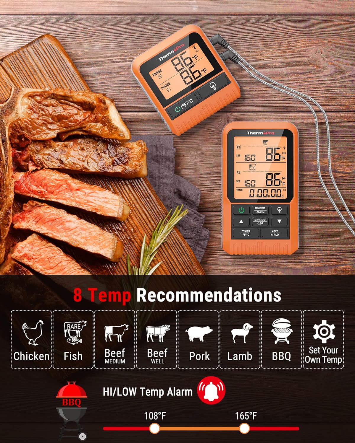 ThermoPro TP826 500FT Wireless Meat Thermometer, Dual Meat Probe Cooking Thermometer with HI/Low Alert, Food Grill Temperautre probe, Outdoor Fryer Accessories for BBQ, Smoker, Oven, Grilling Gift