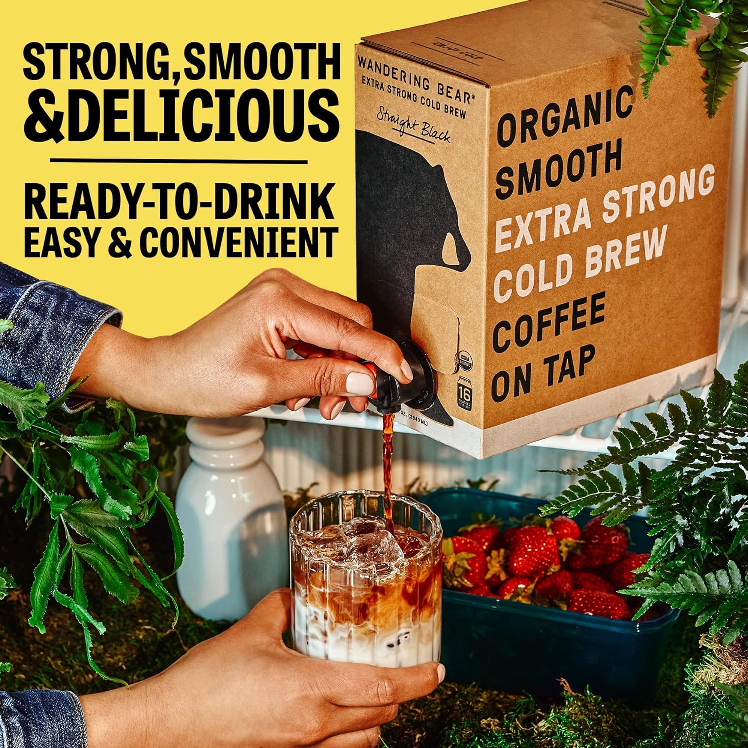 Wandering Bear Straight Black Organic Cold Brew Coffee On Tap, 128 fl oz (1 gallon) - Extra Strong, Bold, Smooth, Unsweetened, Shelf-Stable, Ready to Drink, 100% Organic Iced Cold Brewed Coffee Drinks