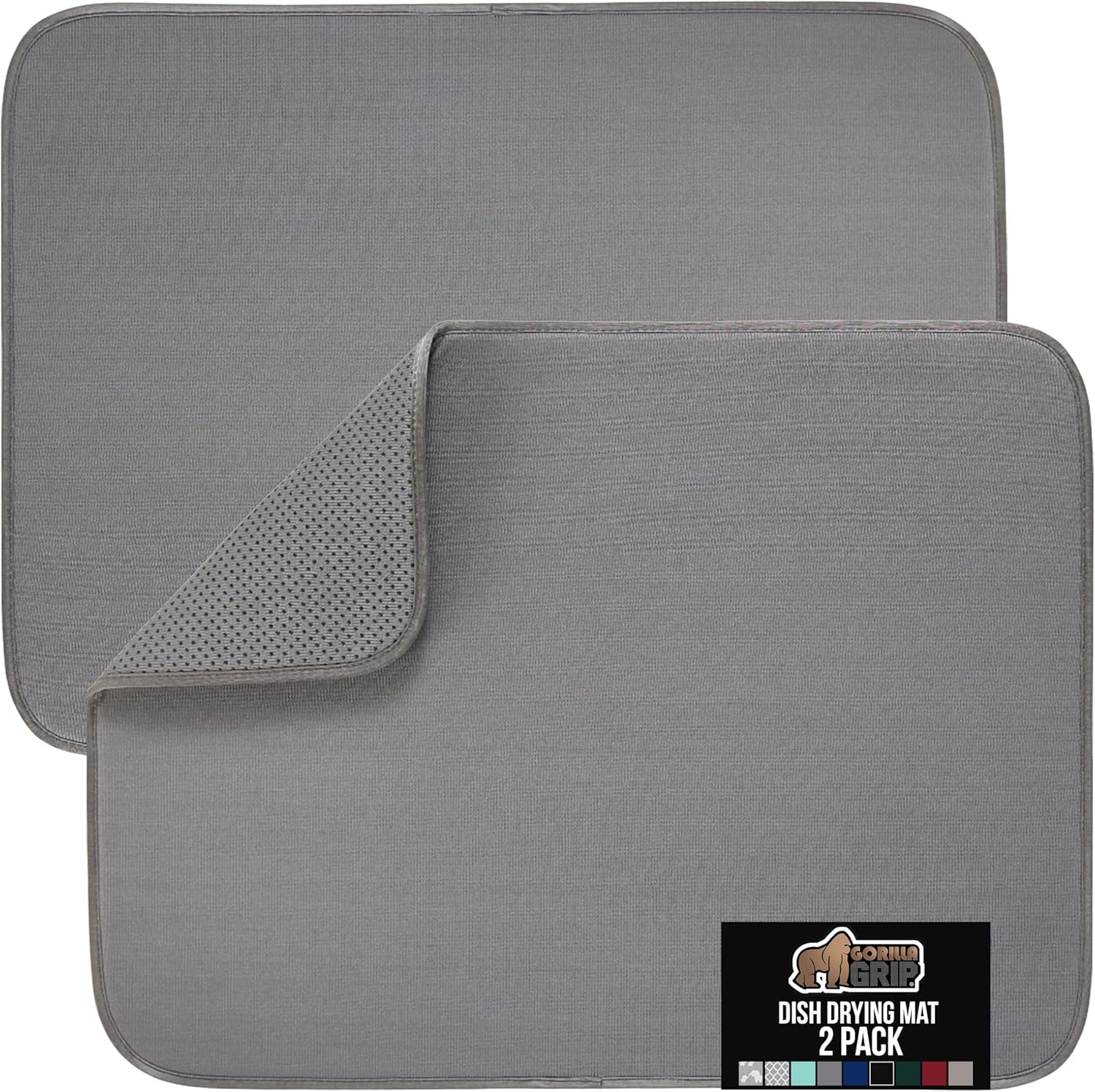 GORILLA GRIP Ultra Water Absorbent Microfiber Dish Drying Mat, Quick Dry Thick Mesh, Slip Resistant Pad for Sink Dishes or Under Rack, Kitchen Counter Accessories, 16x18, Machine Wash, 2 Pack Gray