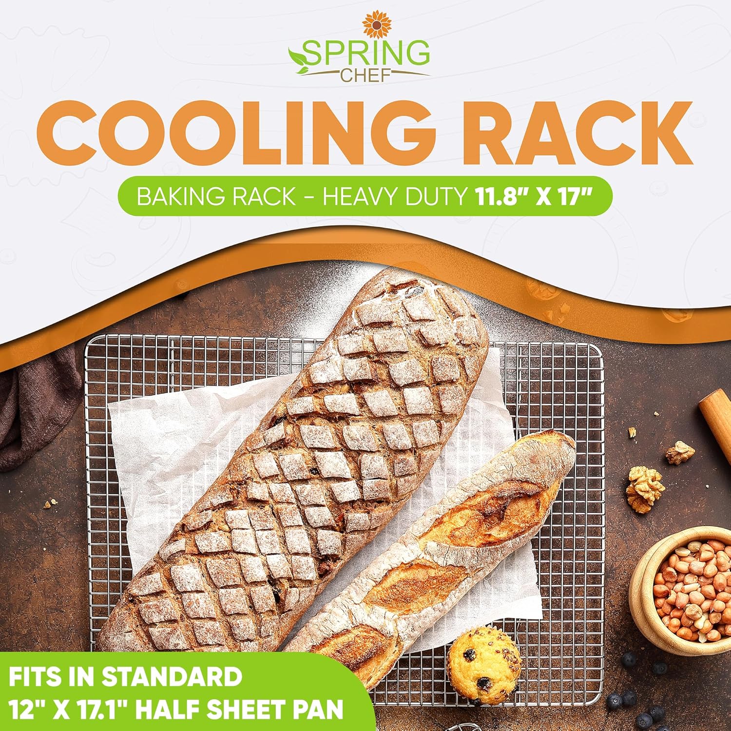 Spring Chef 11.8" x 17" Stainless Steel Cookie Cooling Rack - Oven Safe - Baking Rack for Bacon, BBQ, Jerky, Bread, Pizza, Cake - Fits Half Sheet Roasting Pan - Dishwasher Safe