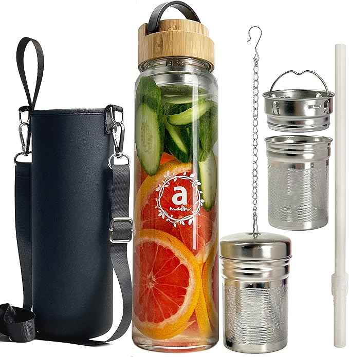 32oz Borosilicate Glass Water Bottle with Bamboo Lid and 2 Tea Infuser Sets for Fruit Infused Water and Cold Brew Coffee - Glass Tea Infuser Bottle with Strainer for Loose Leaf Tea