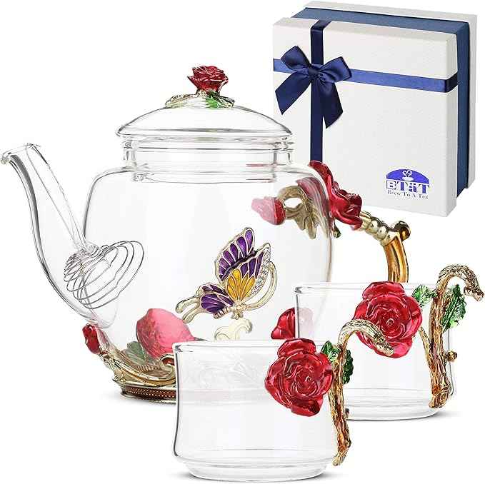 BTaT- Floral Glass Tea Set for Adults, Service for 2, Fancy Glass Pot (8 oz) & Cups (2 oz), Red Butterfly & Flower Design with Gift Box, Tea Pot Sets for Women Gift