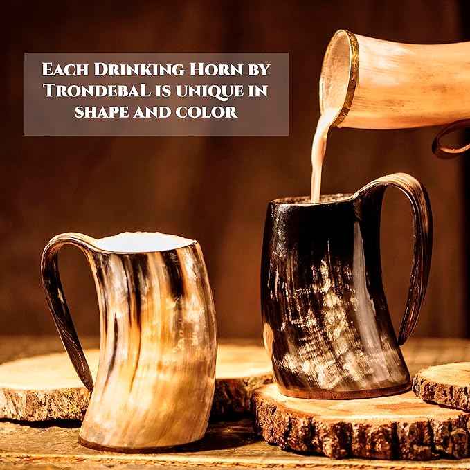 Viking Drinking Horn Mug, 15-20 Oz Natural Ox Horn Cup & Cofee Stein | Cool Unique Gift for Men and Women, Home Decor Accessories | Shot Glasses for Beer, Ale, Whiskey, Mead