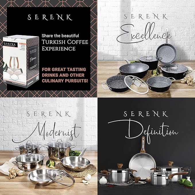 Serenk Turkish Coffee Pot Cezve, Milk Warmer, Ibrik Briki Greek Arabic Coffee Pot, Set of 3, Stovetop Coffee Maker, Turkish Cezve Traditional made of Stainless Steel, Rust Free w/Hanging Base
