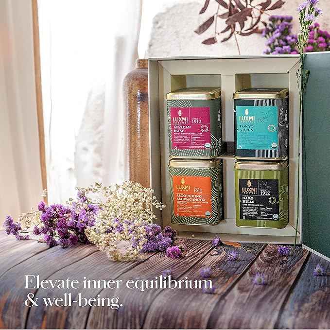 Luxmi Estates - Tea Set - Energy and Balance - 4 Packs with Organic Green, Jasmine, Ashwagandha and Hibiscus Rose Tea