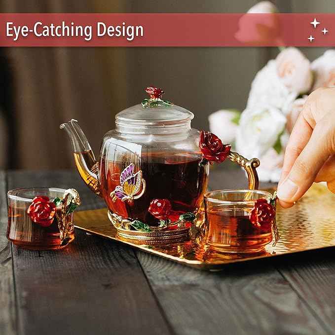 BTaT- Floral Glass Tea Set for Adults, Service for 2, Fancy Glass Pot (8 oz) & Cups (2 oz), Red Butterfly & Flower Design with Gift Box, Tea Pot Sets for Women Gift