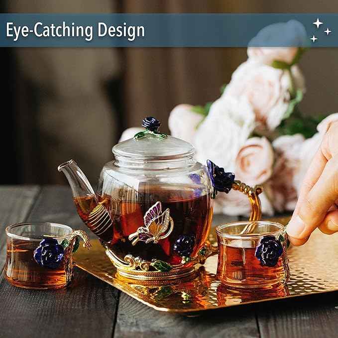 BTaT- Floral Glass Tea Set for Adults, Service for 2, Fancy Glass Pot(8 oz) & Cups(2 oz), Blue Butterfly & Flower Design with Gift Box, Tea Pot Sets for Women Gift, Chrisrmas Gifts