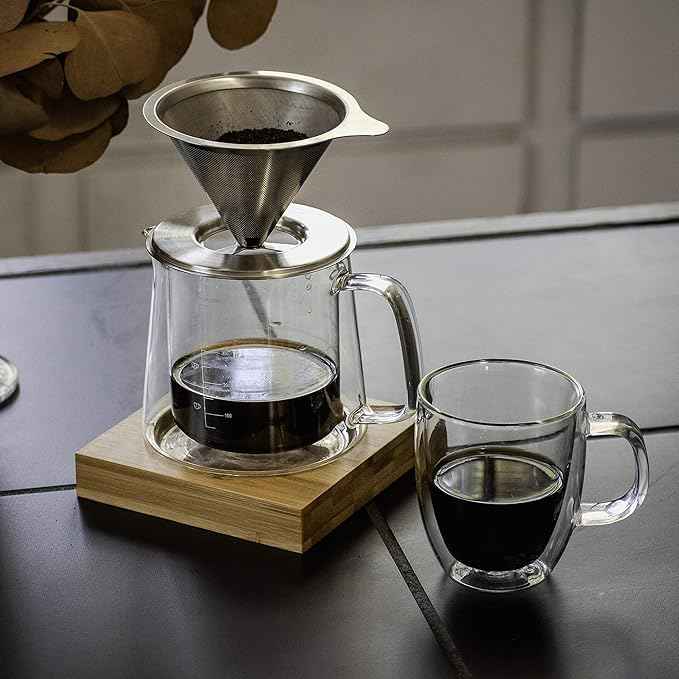 Brew To A Tea BTaT- Pour Over Coffee Maker Set, Double Wall Glass, 16 oz, Drip Coffee Maker Pour Over, Permanent Filter